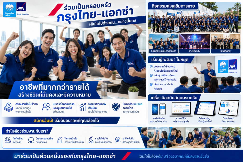สนใจสร้างรายได้ในสายงานประกันชีวิต ไม่จำเป็นต้องมีประสบการณ์มาก่อน มีระบบสอนงาน ทีมงานคอยดูแล และแนวทางการทำงานจริงตั้งแต่เริ่มต้น
หากคุณกำลังมองหาโอกาส สมัครตัวแทนประกันชีวิต ที่สามารถเติบโตในระยะยาว มีรายได้ตามความสามารถ และทำงานอย่างมืออาชีพ การเป็นตัวแทนกรุงไทยแอกซ่าอาจเป็นจุดเริ่มต้นที่เหมาะกับคุณ